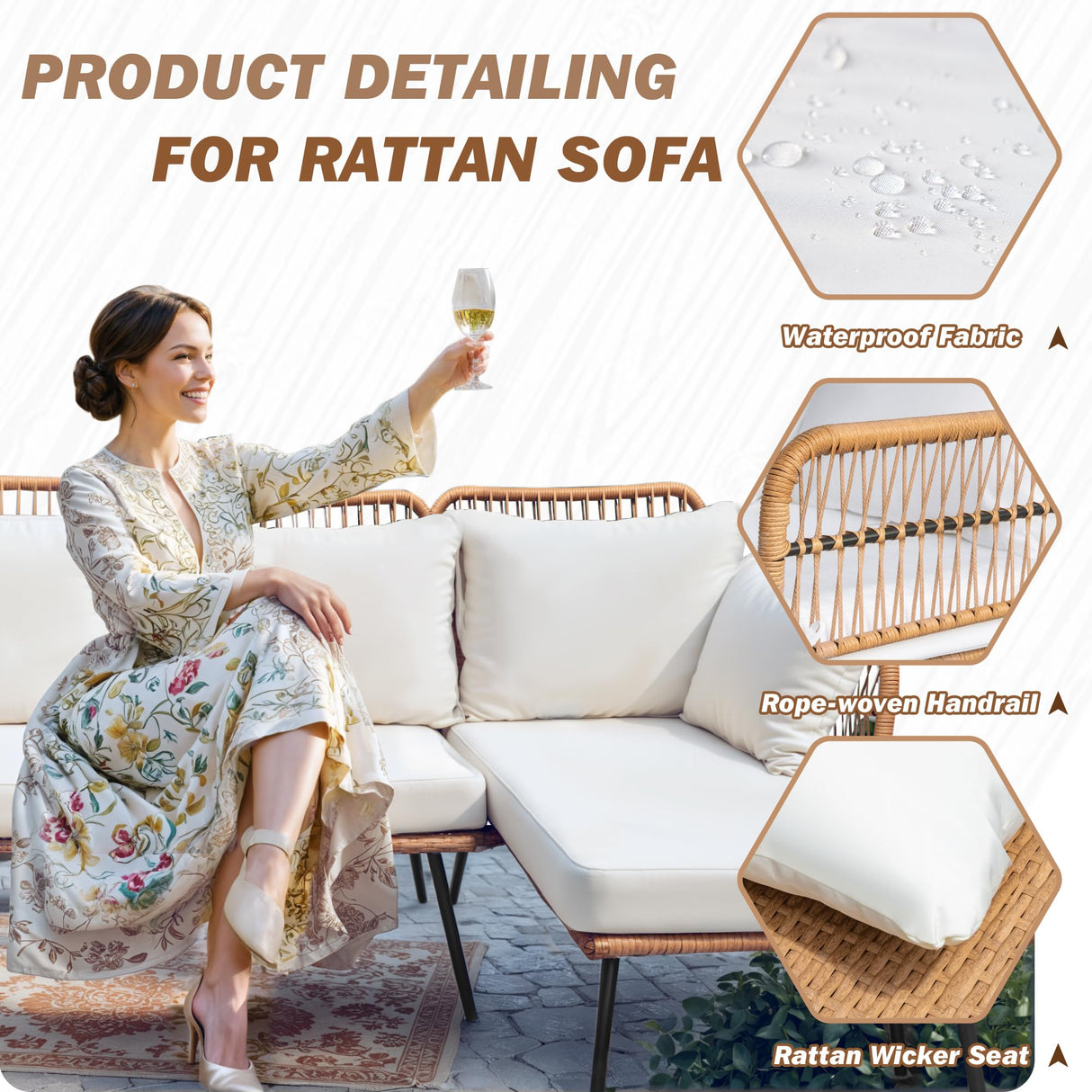 Greesum Outdoor Rope Woven Patio Furniture L-Shaped Conversation Sectional Sofa Set Detachable Lounger for Backyard Porch with Thick Cushions & Long Table, White Greesum