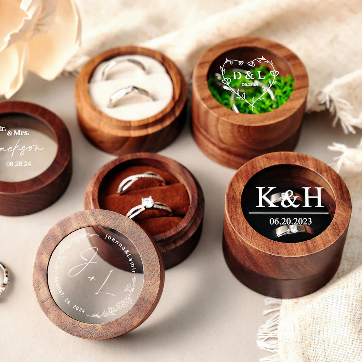 Personalized Wedding Ring Box, Double Ring Wooden Boxes for Ceremony, Custom Printed Name Clear Acrylic Cover, Elegant and Retro Round Ring Holder with Name & Date, Bridal Gift for Her BJZLWJ