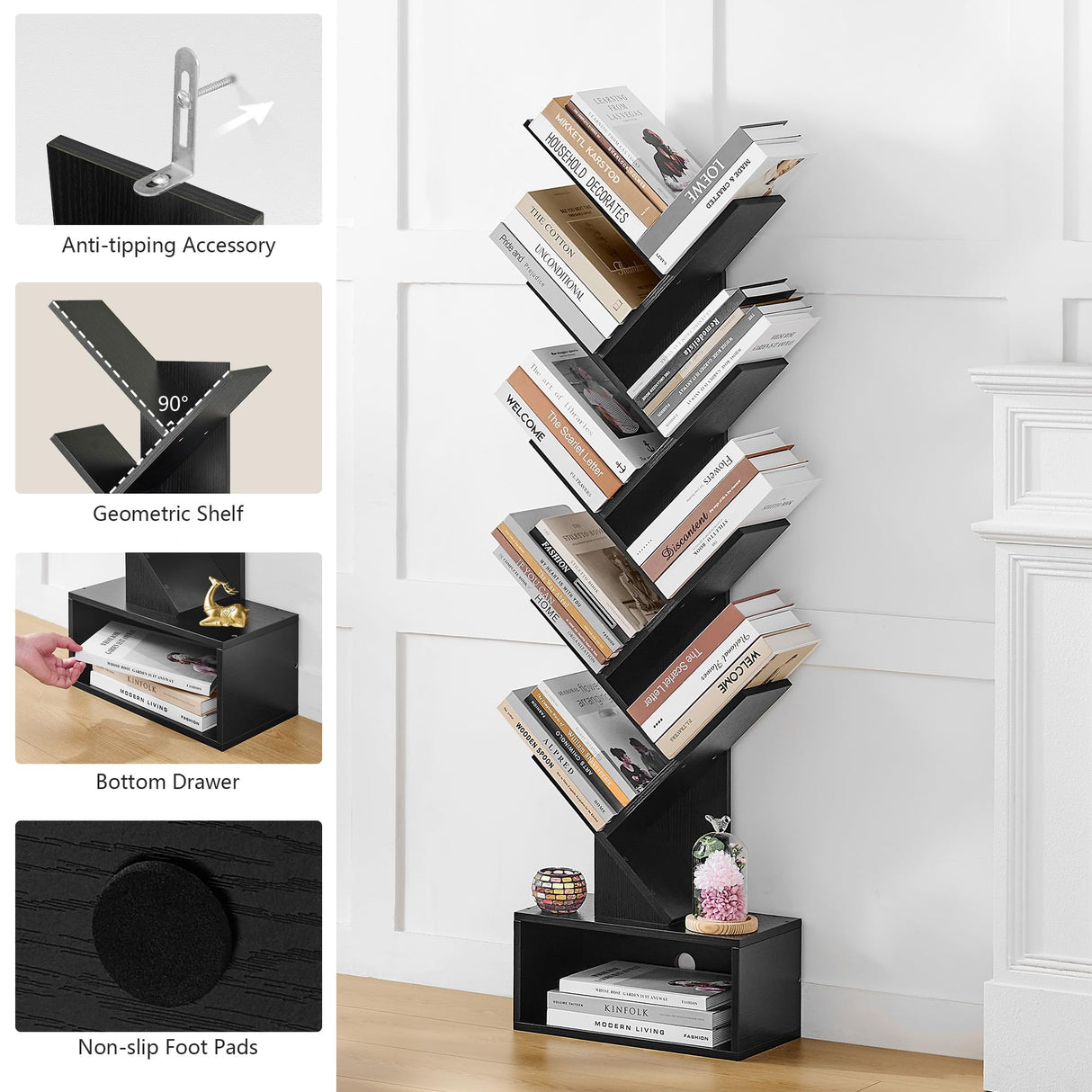 Hoctieon 9 Tier Tree Bookshelf, Tall Bookcase with Drawer, Wood Book Shelf, Modern Floor Standing Bookshelves, Book Organizer Shelves for Bedroom, Living Room, Home Office, Black Hoctieon