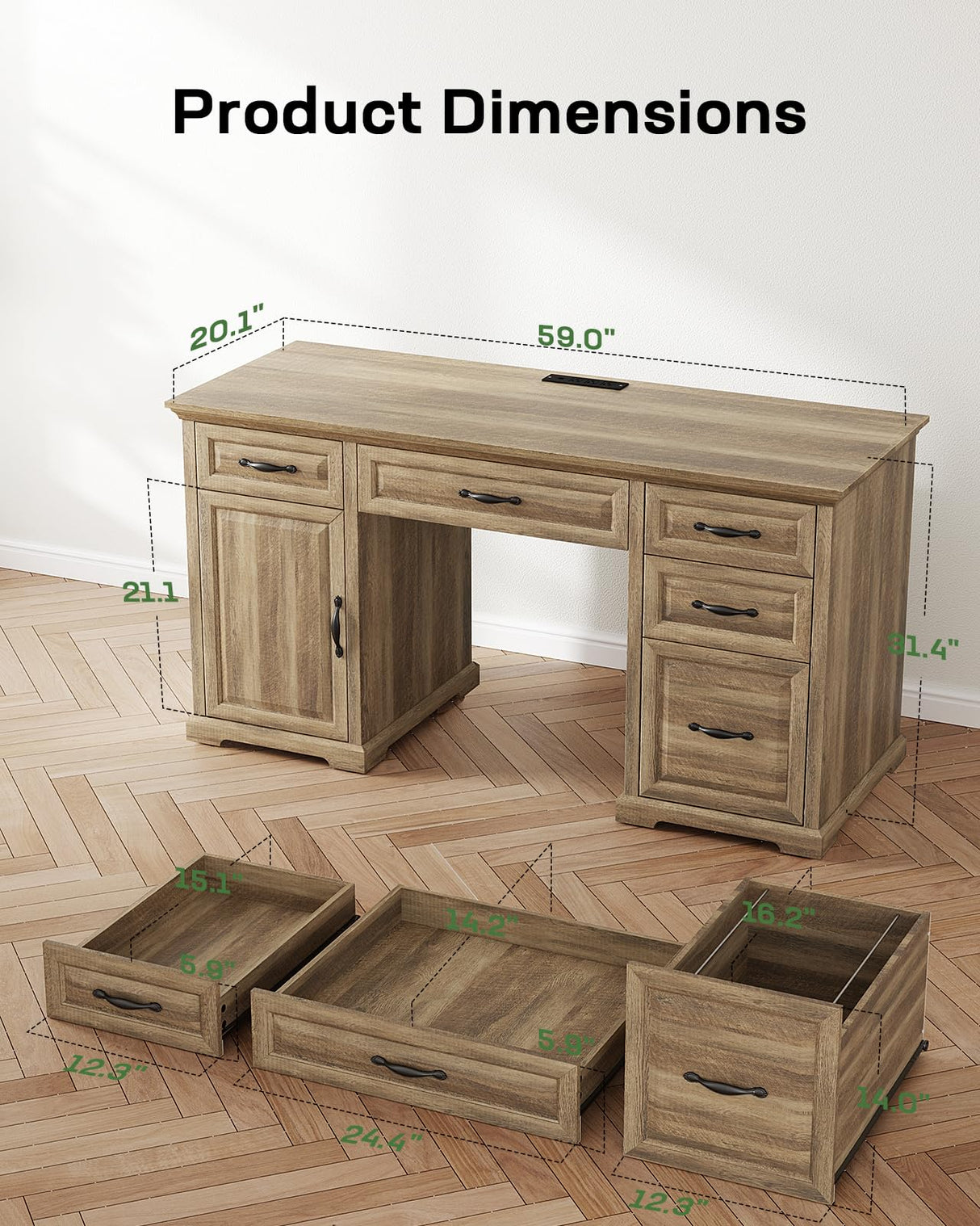 Marsail 60″ Farmhouse Executive Desk, Home Office Desk with Storage Cabinet, Charging Station, Adjustable Shelf, and File Drawer, Rustic Computer Writing Desk for Work & Study, Natural Marsail