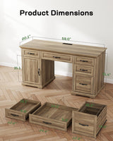 Marsail 60″ Farmhouse Executive Desk, Home Office Desk with Storage Cabinet, Charging Station, Adjustable Shelf, and File Drawer, Rustic Computer Writing Desk for Work & Study, Natural Marsail