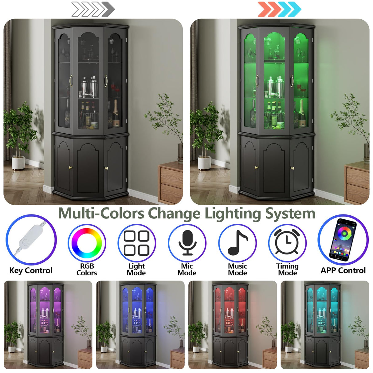 Gyfimoie Corner Bar Cabinet w/LED Lights, Tall Modern Wine Cabinet with Tempered Glass Door & Adjustable Shelves, Home Bar Liquor Storage Cabinet with Glass Rack for Living Room, Dining Room (Black) Gyfimoie