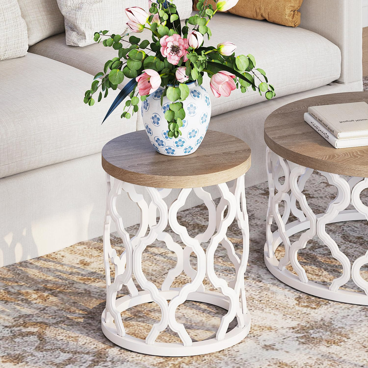 karlott Farmhouse End Table, 17.7'' Round French Country Side Table, Wood Top Side Table with Curved Motif Frame Base for Boho, Living Room, Bedroom, Small Space karlott