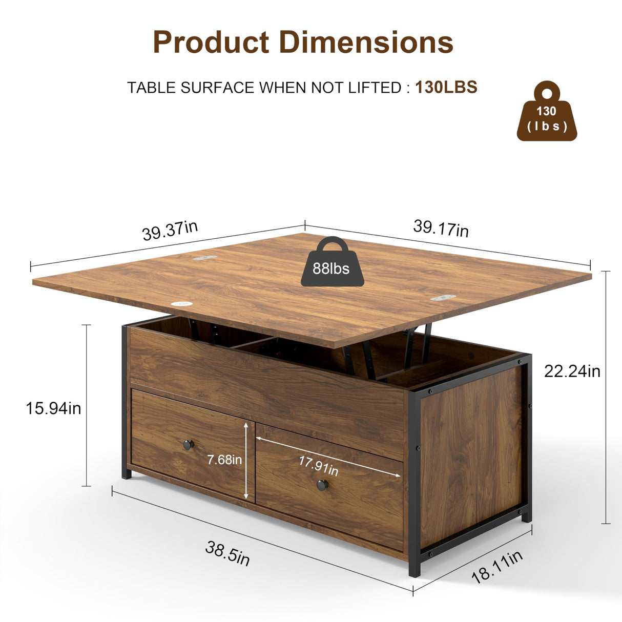 Manora Multi-Functional Lift-Top Coffee Table Convertible to Dining Table or Workstation, Rustic Wood Center Table with Hidden Storage, Compact Design for Living Room or Home Office, Rustic Brown Manora