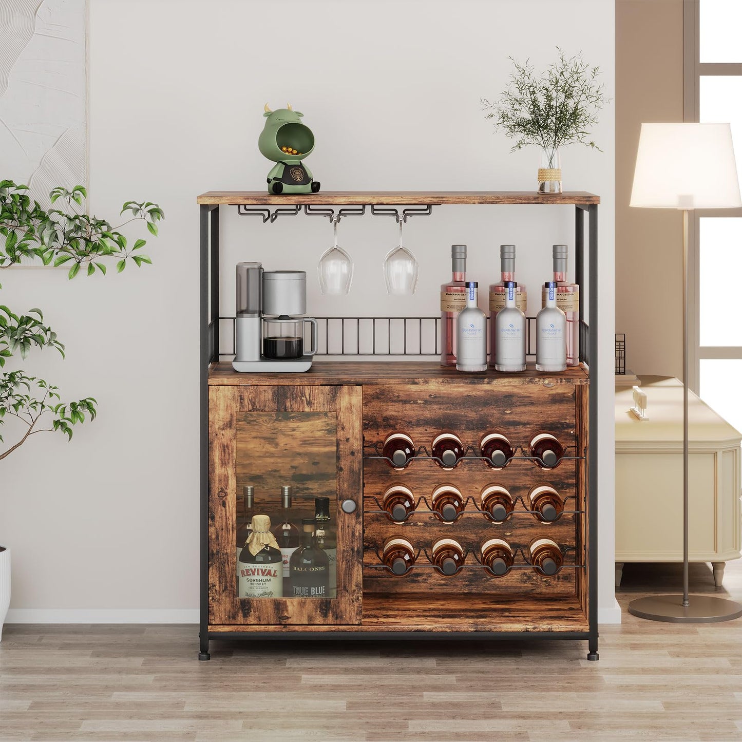 ZERDER Wine Bar Cabinet with LED Light, Home Coffee Cabinet with Wine Rack and Glass Holder, Bar Cabinet with Storage Shelf and Cabinet, Freestanding Liquor Cabinet for Living Room, Dining Room