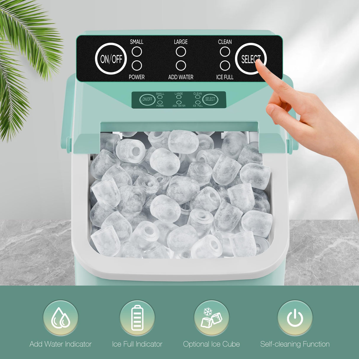 SMUG Countertop Ice Maker, 9 Cubes in 6 Mins, 26lbs in 24Hrs, 2 Sizes of Bullet Ice, Auto-Cleaning, Portable Ice Machine with Handle, Basket and Scoop for Home Kitchen, Party and Camping (Green) SMUG