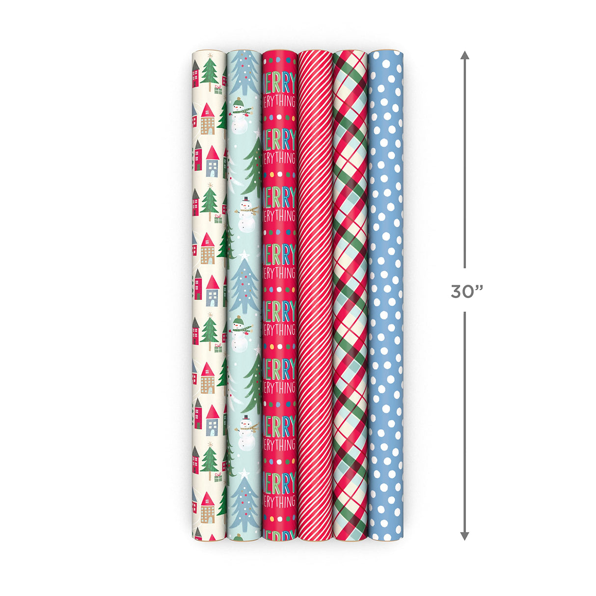 Hallmark Cute Recyclable Christmas Wrapping Paper (6 Rolls: 180 Sq. Ft. Total) Red, Blue, Green Plaid, Merry Everything, Colorful Houses, Snowmen and Trees, Dots, Stripes Hallmark