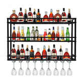 HFTUW Metal Wine Rack Wall Mounted, Bar Shelves for Liquor Bottles with LED Light, 3 Tier Large Capacity Liquor Rack Wall Mounted with Glass Holder for Home Bar & Dining Room （Black, 39in/100cm） HFTUW