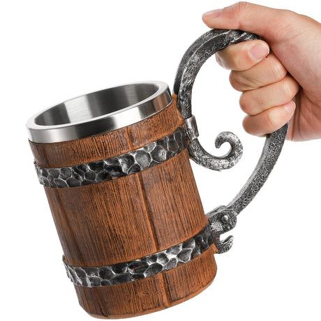 Yopay Wooden Barrel Beer Mug, Double Wall Stainless Steel Vintage Beer Cup, Handmade Medieval Cocktail Wooden Stein Drinkware with Handle, Antique Bucket Mug for Men Coffee Beverage Juice, 19OZ Yopay