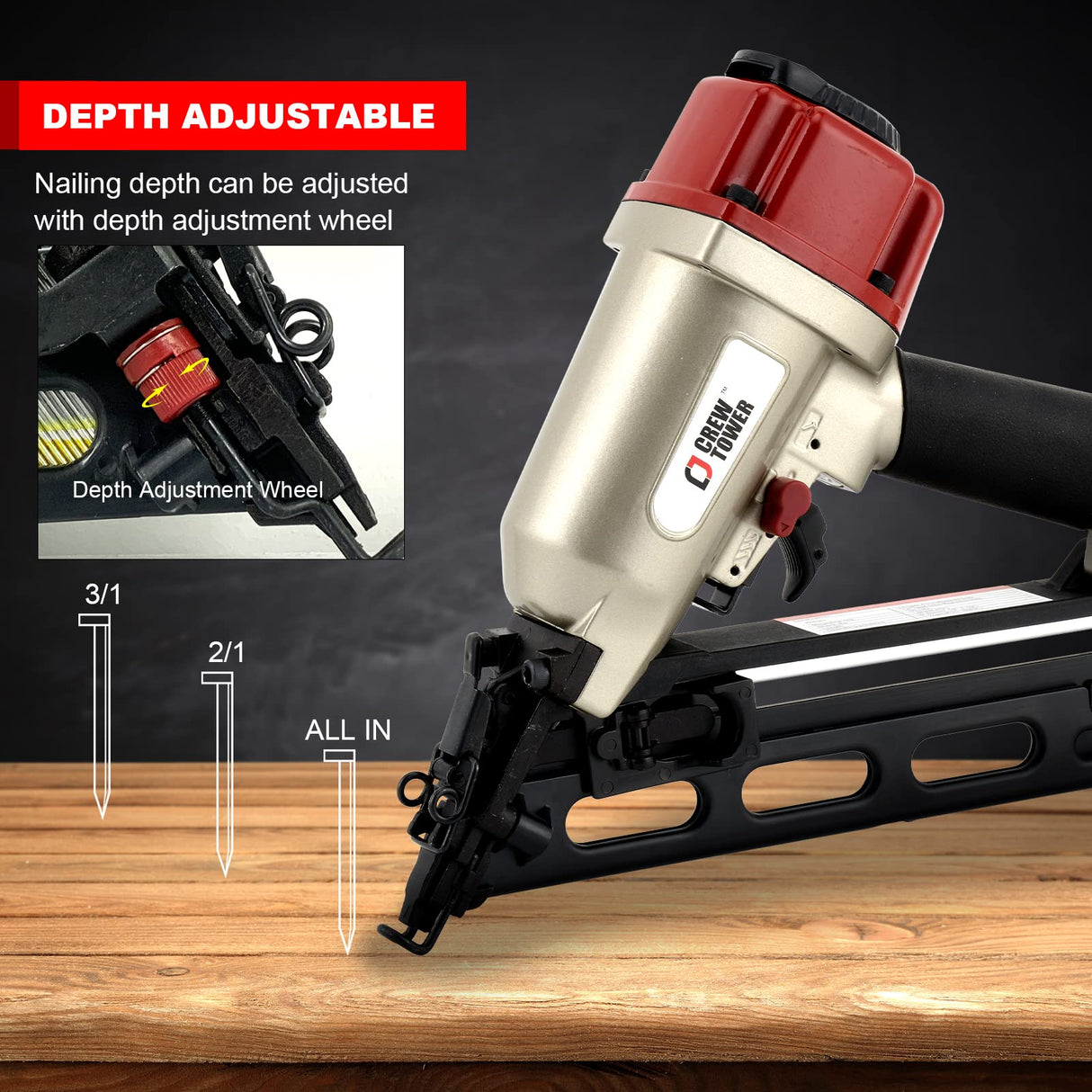CREWTOWER NT65 15 Gauge, 1-1/4" to 2-1/2" Angle Finish Nailer Pneumatic Finishing Nail Gun for Molding, Baseboard, Trim and Finishing, Air-powered CREWTOWER
