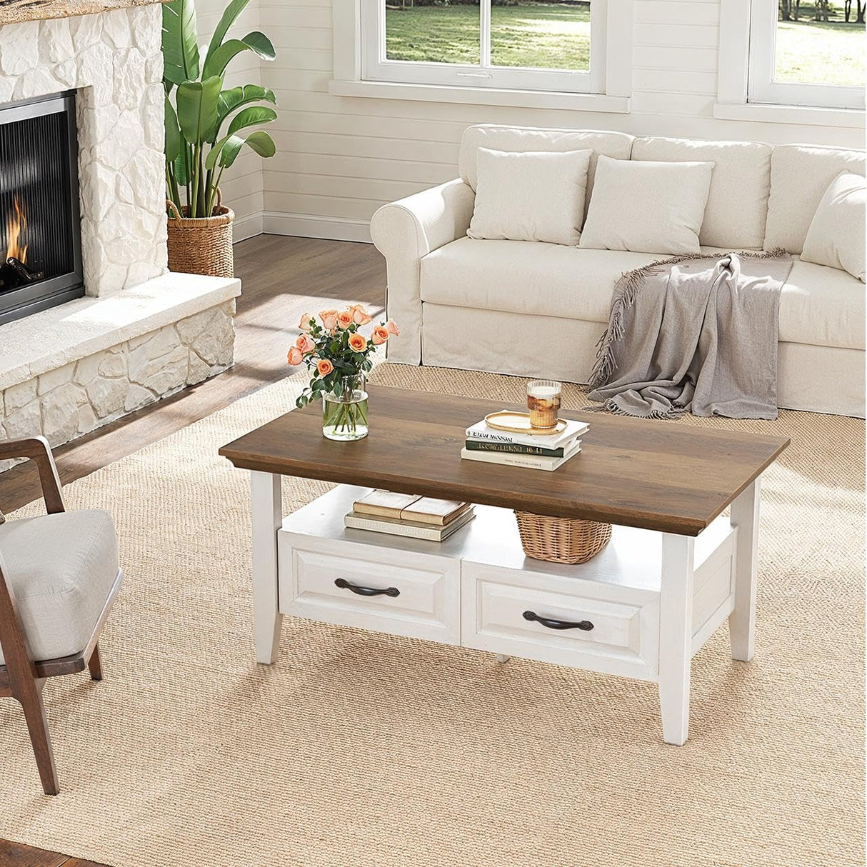Marsail Farmhouse Coffee Table with Storage, 39.4" Wood Coffee Table for Living Room, Rustic Center Table with 2 Drawers, Open Display Area, Brown&White Marsail