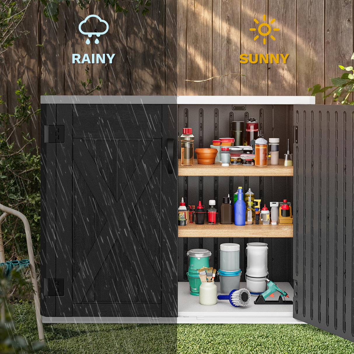 DWVO 35 Cu Ft Storage Shed with Unique X-Shaped Lockable Door, Outdoor Weatherproof Resin Shed Without Shelf for Waste Bins, Bicycles, Gardening & Lawn Equipment, Dark Gray DWVO