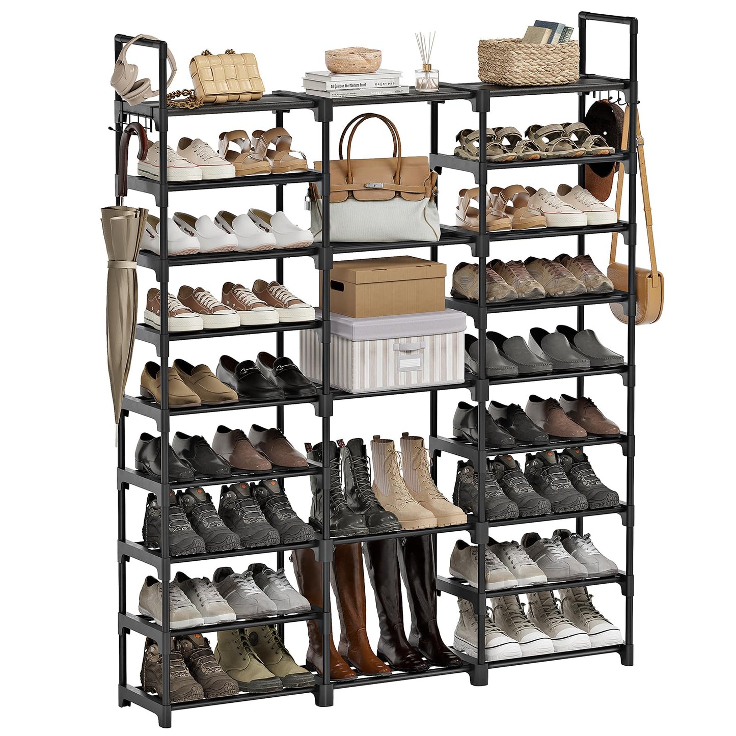 WOWLIVE 9 Tiers Large Shoe Rack Storage Organizer for Closet 50-55 Pairs Shoe Tower Unit Shelf Stackable Shoe Rack with Metal Pipes Plastic Connectors Black(SSS3B9) - WoodArtSupply