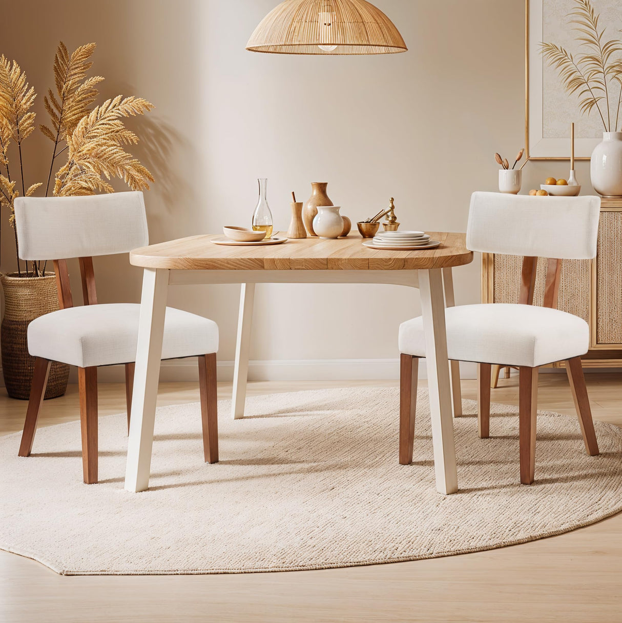 MOJAY Mid Century Modern Dining Chairs Set of 2, Upholstered Linen Fabric Farmhouse Side Chairs with Curved Backrest for Kitchen, Dining Room, Restaurant, or Patio, Off-White MOJAY