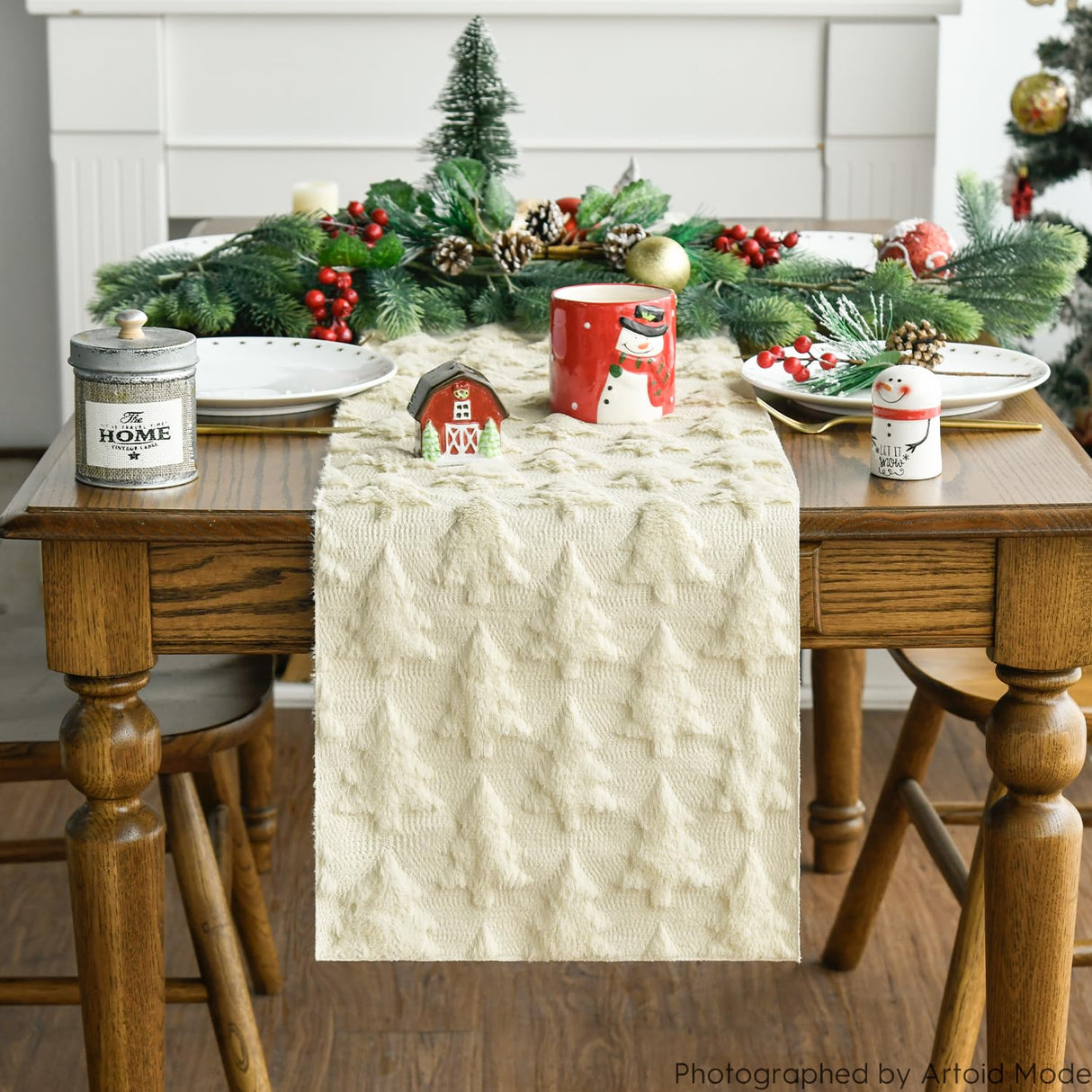 Artoid Mode Christmas Trees Beige Soft Plush Faux Fur Jacquard Christmas Table Runner, Holiday Kitchen Dining Table Decoration for Home Party Decor 13x72 Inch Artoid Mode
