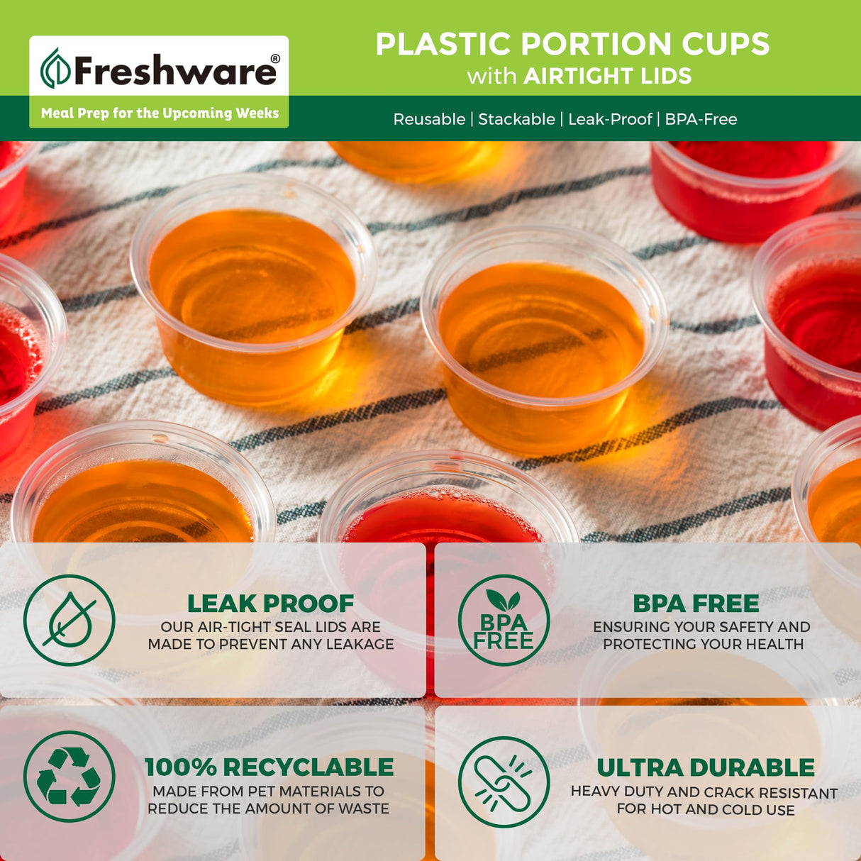 Freshware Plastic Portion Cups with Lids [2 Ounce, 100 Sets] Disposable Plastic Cups for Meal Prep, Salad Dressing, Jellos Shot Cups, Souffle Cups, Condiment and Dipping Sauce Cups Freshware