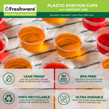 Freshware Plastic Portion Cups with Lids [2 Ounce, 100 Sets] Disposable Plastic Cups for Meal Prep, Salad Dressing, Jellos Shot Cups, Souffle Cups, Condiment and Dipping Sauce Cups Freshware