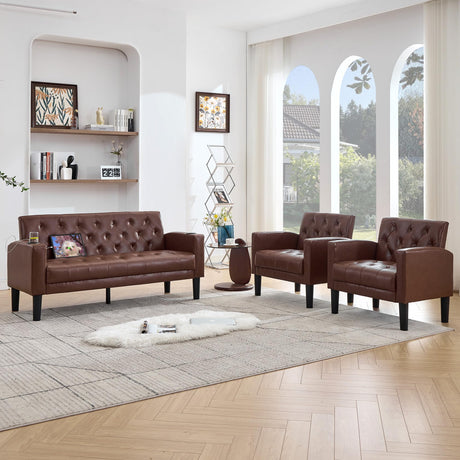TYBOATLE 62" W Leather Loveseat w/Chairs, 3 Piece Sofa Sets for Living Room w/ 2 USB Charger Ports and 2 Cupholders, Living Room Furniture Sets of 3 (3, Brown) TYBOATLE