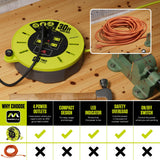 Masterplug 30ft Cassette Cord Reel, Retractable Extension Lead with Winding Handle, Safety Overload Circuit Breaker and Power Switch, 4x Grounded Outlets, 10amps, 16AWG Cable Masterplug