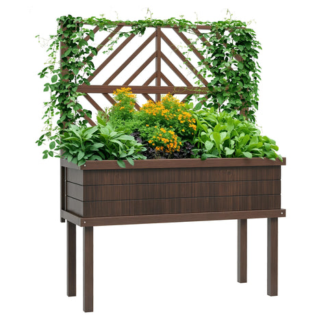 Outsunny Raised Garden Bed with Trellis for Climbing Plants, Vegetable, Grape Vines, Wood Planter with Legs, Drainage Holes and Filter for Outdoor Garden, Patio, Carbonized Outsunny
