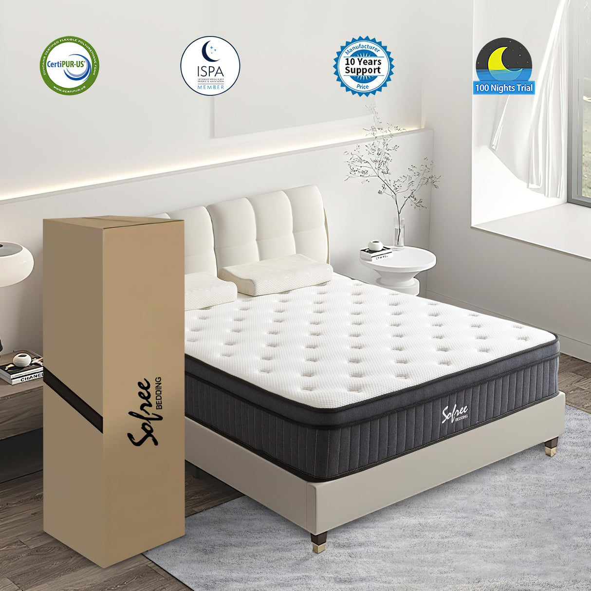 sofree bedding Queen Size 10 Inch Memory Foam Hybrid Mattress, Pocket Spring in a Box for Motion Isolation, Strong Edge Support, Pressure Relief, Medium Firm, CertiPUR-US sofree bedding