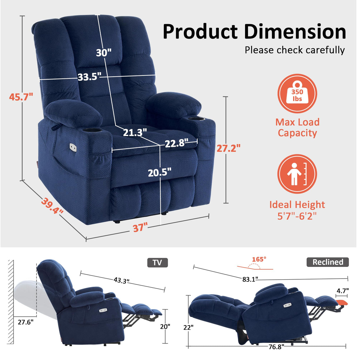 MCombo Large Triple Motor Power Lift Recliner Chair with Massage and Dual Heating, Adjustable Headrest for Tall Elderly People, Fabric 7634 (Navy Blue, Large) MCombo