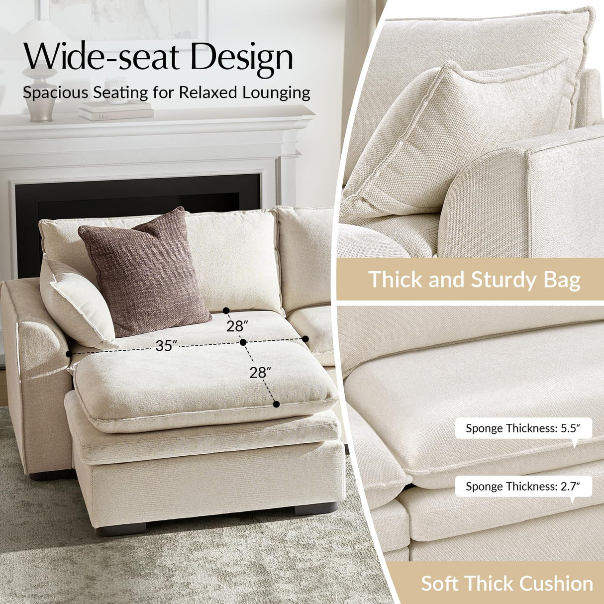 HULALA HOME 106" Modular Sectional Sofa, Oversized 3 Seater Couch with Double-Cushion, Modern Sofa with Deep Seat, Convertible Sectional Couch for Living Room, Ivory HULALA HOME