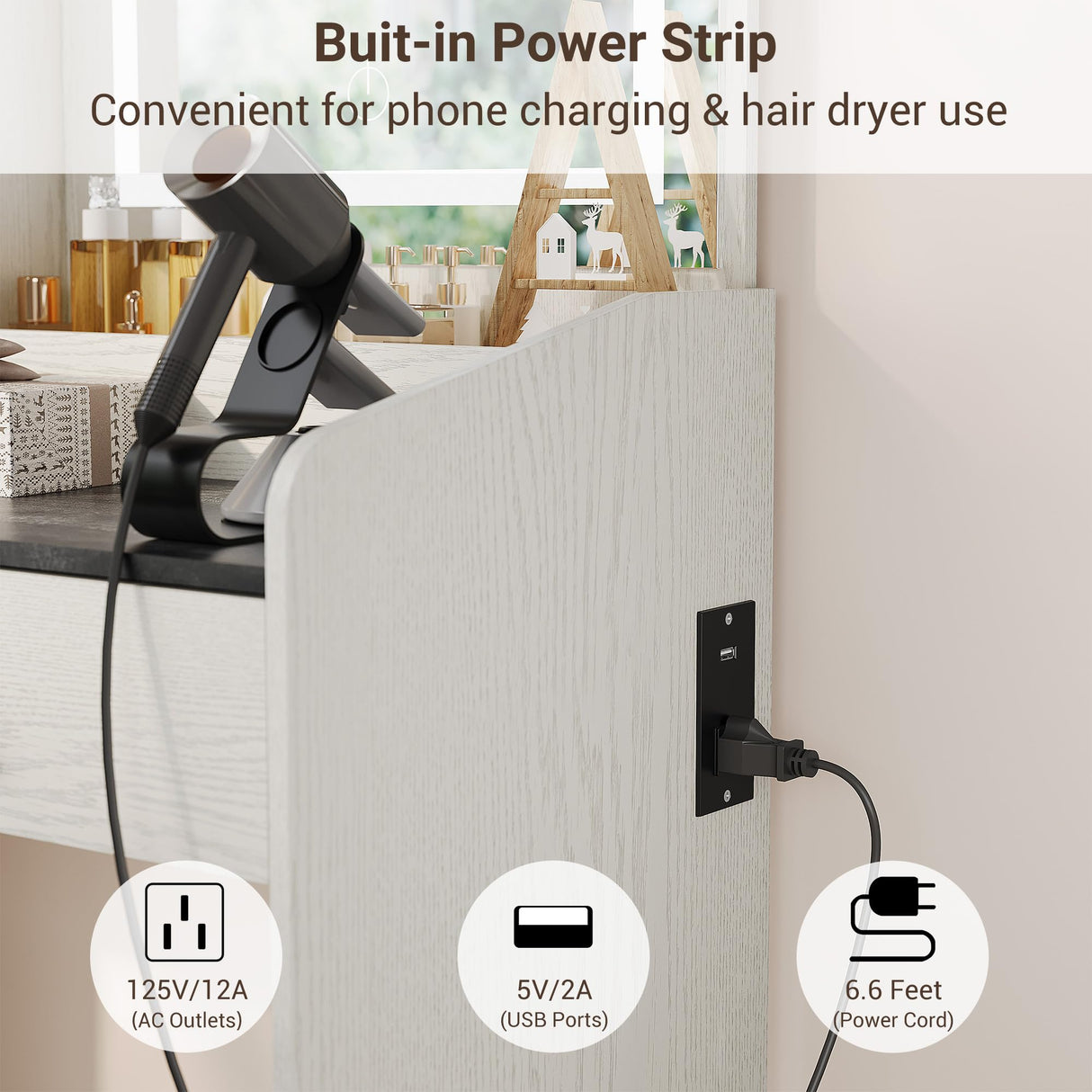 GarveeHome Vanity Desk with LED Light Mirror and Charging Station,Small Makeup Vanities Set with 2 Drawers for Girls Women with Storage Stool (White + Grey Tabletop) GarveeHome