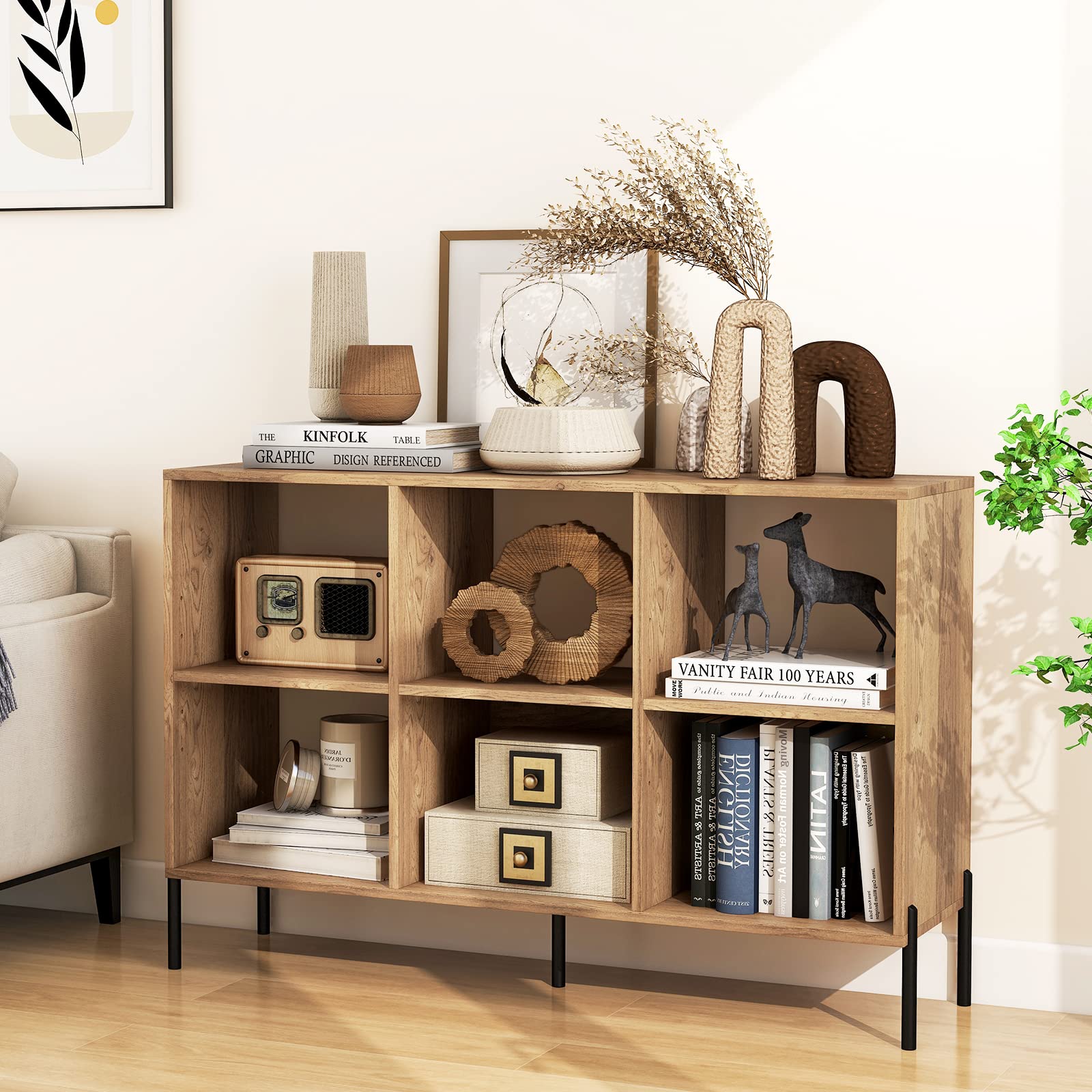 Tangkula 6-Cube Adjustable Bookcase with Metal Legs and Anti-Tip Safety Features in Natural Finish - WoodArtSupply