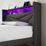 Driftalia LED Queen Bed Frame with 2 Storage Drawers, Upholstered Bed Frame Queen Size with Headboard and Charging Station, No Box Spring Needed, Easy to Assembly-Dark Grey Driftalia