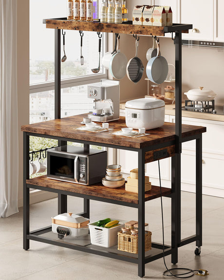 CHOEZON Kitchen Island with Power Outlet, Kitchen Island Table with Folding Top, Stationary Storage Islands, Coffee Bar with Outlets and USB Ports, for Dining Room, Rustic Brown and Black TZD01UBF CHOEZON