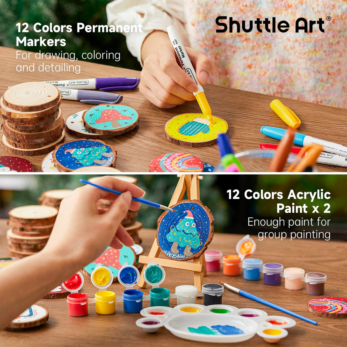 Shuttle Art Natural Wood Slices 70 PCS 2.8-3.1 Inches Craft Wood Ornament Kit, Unfinished Predrilled Wooden Circles with Hole, Jute Twine, Acrylic Paint, Markers for DIY Decoration Shuttle Art