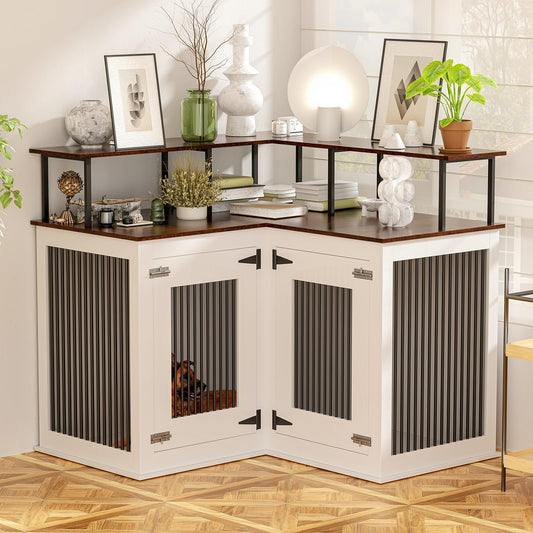 Corner Dog Crate Furniture, Decorative Dog Crate with Double Door Wooden Dog Crate Kennel Furniture with Divider Furniture Style Dog Crate End Table for Indoor Use (Black and White)