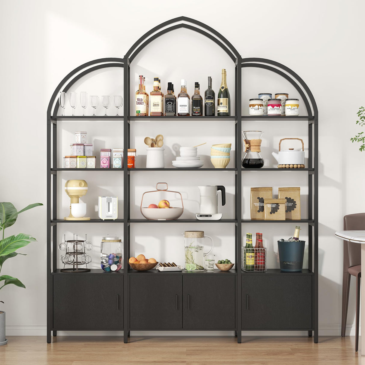 Nosepen Triple Wide 5 Tier Tall Arched Bookshelf and Bookcase with 3 Cabinets, Industrial Metal Etagere Open Bookshelf, Wood Standing Book Shelf with Black Metal Frame for Bedroom Living Room Nosepen