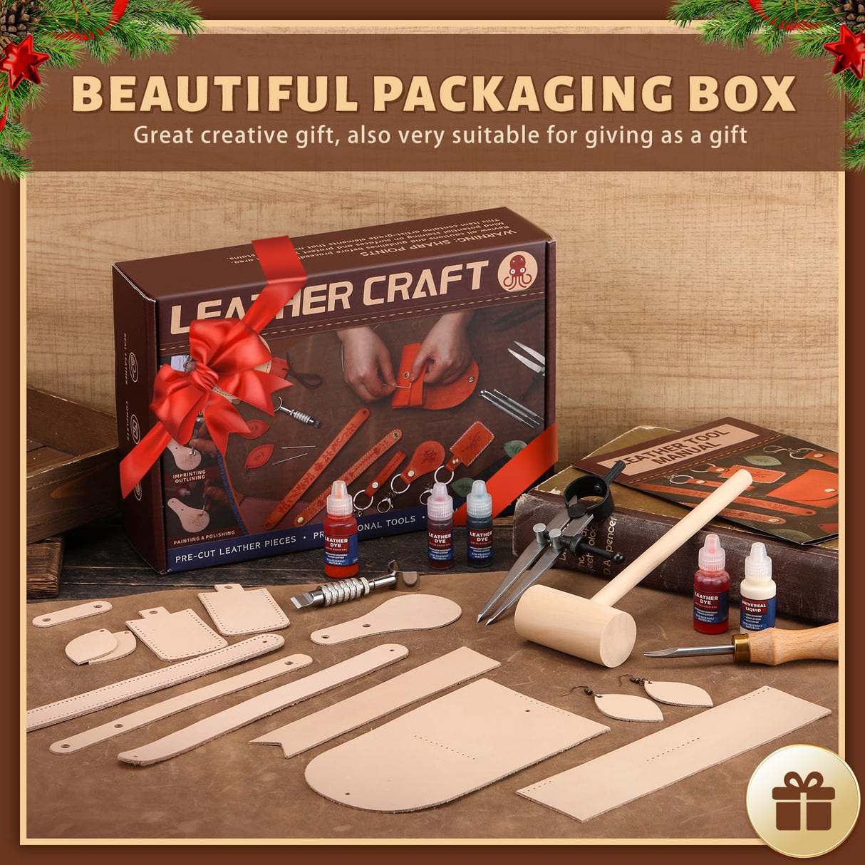 Leather Crafting Kit: Leather Working Tools and Supplies for DIY Craft Beginners Stamping Dyeing Carving Sewing Edge Sealing with Video Tutorials for Earrings Wallet Keychain Wristband Bookmark CBHGFEA