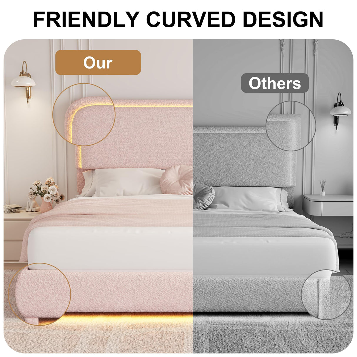 Queen LED Bed Frame with 2 Drawers, Teddy Fleece Rounded Corner Storage Platform Bedframe with Upholstered Headboard, No Box Spring Needed, Noise Free, Easy Assembly, Pink SIBEDS