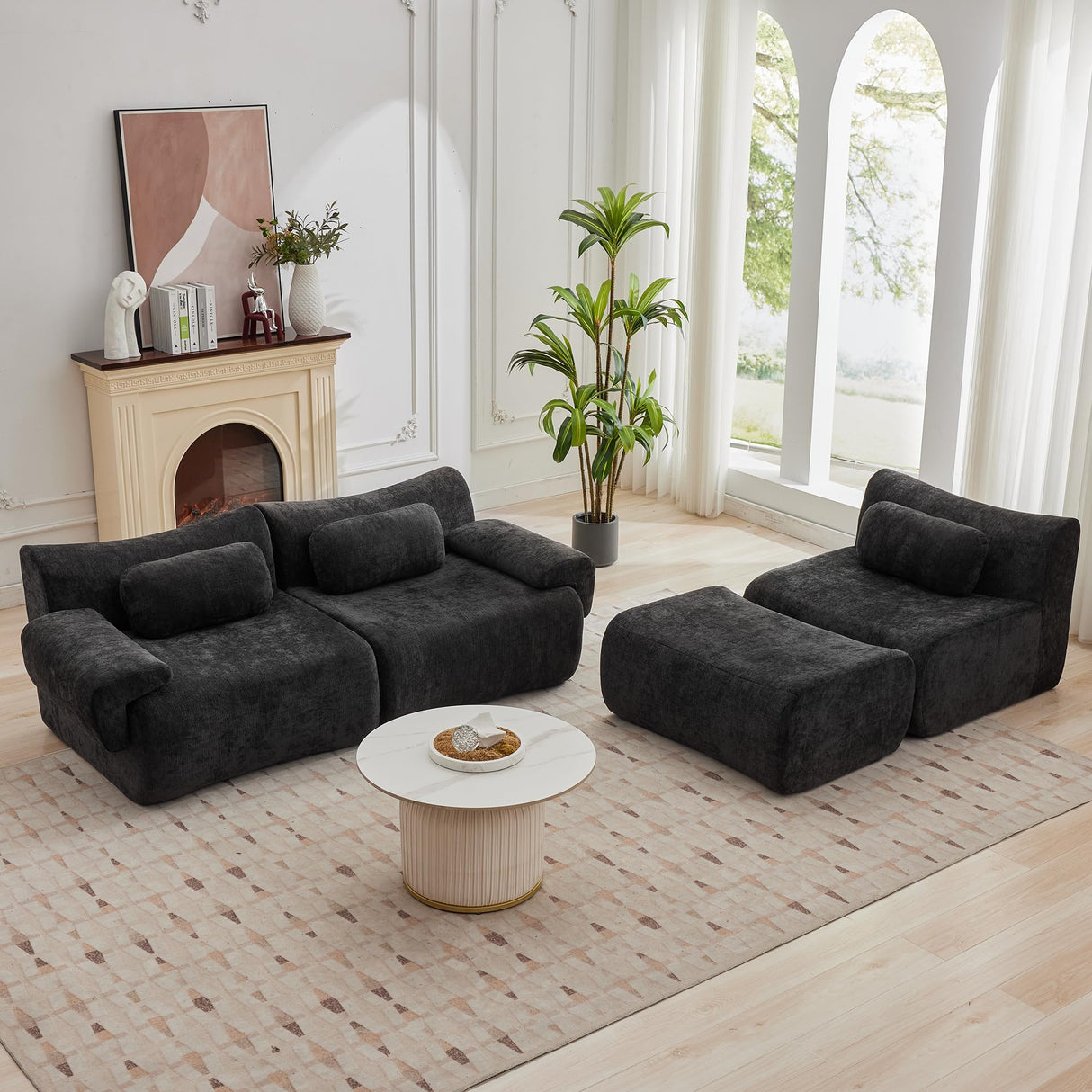 MAXMXX 117”L Shaped Modern Sofa Modular Sectional Cloud Couch with Ottoman,Oversized Boneless Sofa,3+1 Seater Chenille Deep-Seat Sofa with 3 Pillows,Suitable for Living Room or Bedroom (Black) MAXMXX