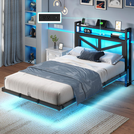 YITAHOME Twin Size Floating Bed Frame with USB Charging Station Storage Headboard and with Led Light, Heavy Duty Metal Platform Bed Frame, No Box Spring Needed, Easy Assembly and Noise Free, Black YITAHOME