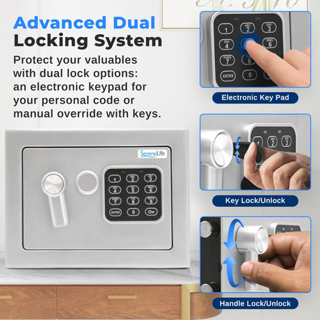SereneLife Heavy Duty 9.1 x 6.7' Electronic Safe Box | Digital Touch Pad Lockbox with Code 2 Keys | Small Safe Box for Home/Office, Secure Cash, Jewelry, Firearms | Wall/Floor Mountable SereneLife