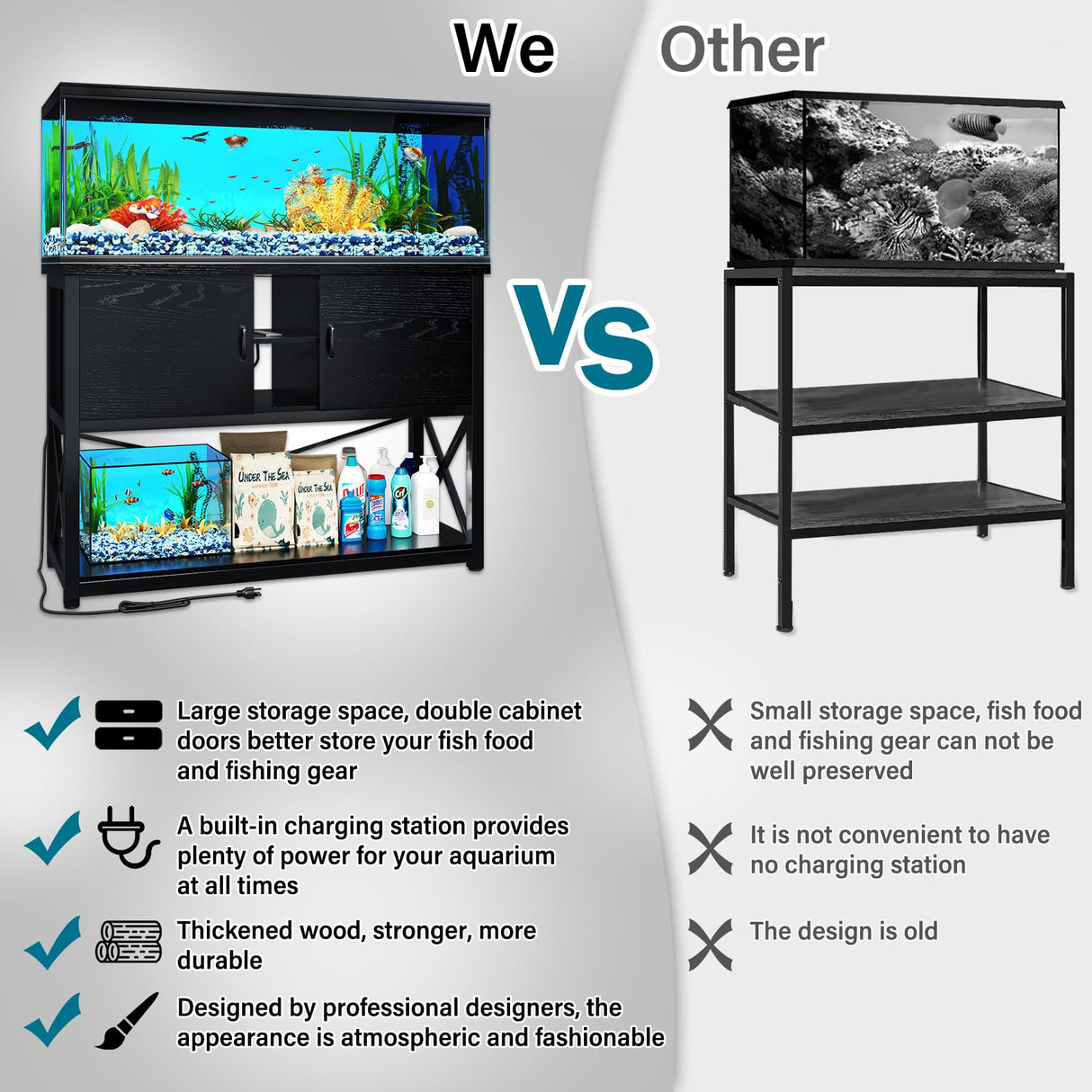 TC-HOMENY 55-75 Gallon Aquarium Stand with Charging Station and Cable Holes, Metal Fish Tank Stand with Storage Cabinet,51" L x 19.5" W Tabletop,1200LBS Capacity, Fit Living Room, Coffee Shop TC-HOMENY