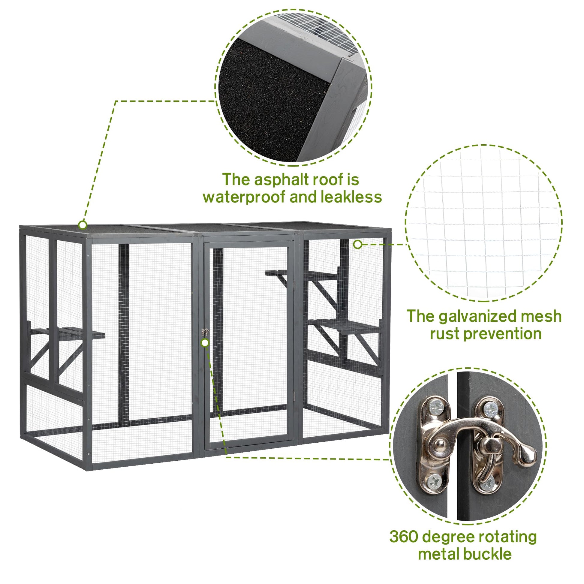 OELUBBY Large Cat Cage Enclosure Wooden Pet Run House with Waterproof Asphalt Planks, 71'' x 32'' x 44'' Animals Outdoor Cat Catio with 3 Activity Platforms, Grey - WoodArtSupply