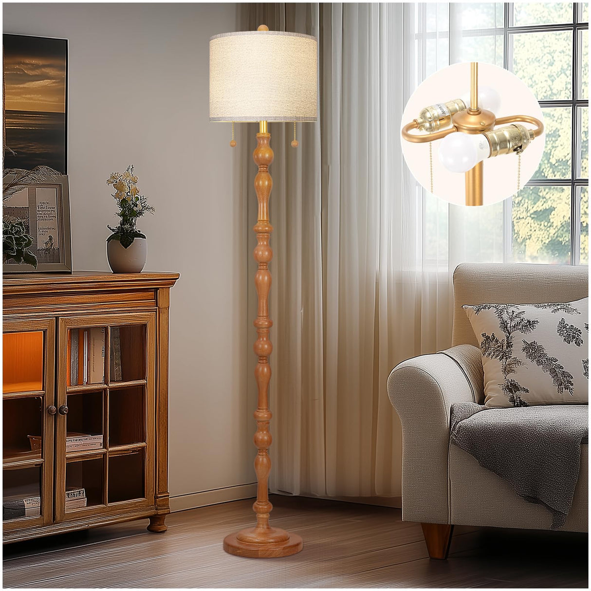 65.5" Natural Real Wood Floor Lamp with S Cluster Pull Chains Dual Switch,Wood Base Tall Lamp,Farmhouse Standing Lamp for Living Room,with Linen Shade,Floor Lamp for Living Room,Bedroom(Bulb Included) Scenekoy