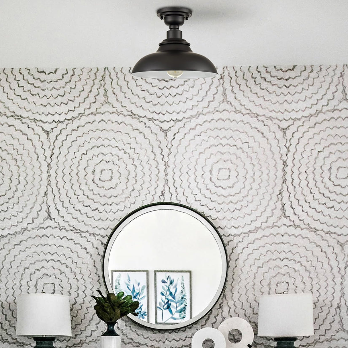 SAMTEEN 12-Inch Farmhouse Semi Flush Mount Ceiling Light Black 1-Light Industrial Barn Ceiling Light Matte Black Hallway Light Fixtures Ceiling for Bedroom Kitchen Foyer Loft SAMTEEN