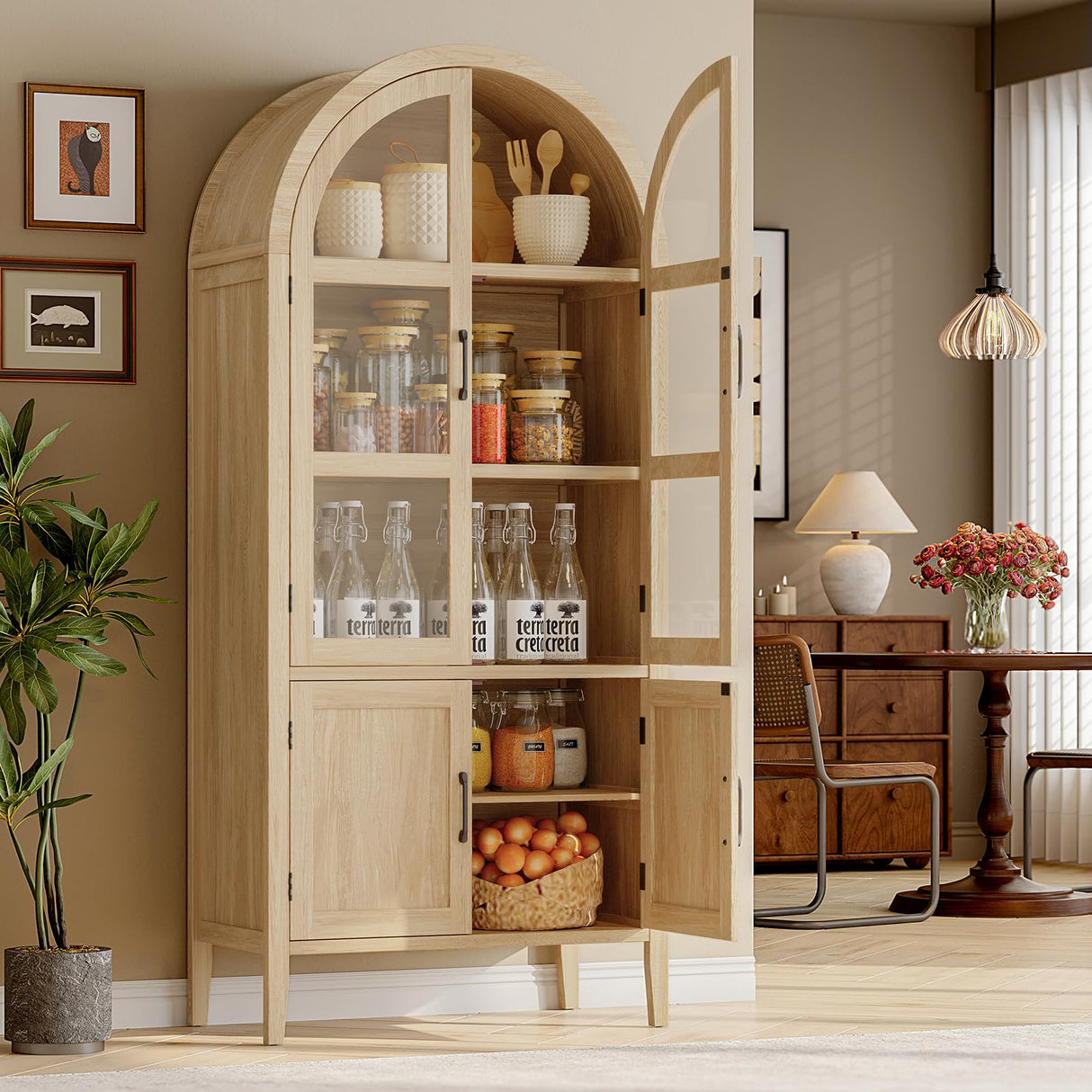 ONBRILL 71" Tall Arched Cabinet, 5-Tier Arched Kitchen Pantry with Glass Doors & Shelves, Modern Display Storage Cabinets with Adjustable Feet, Wooden Pantry Cabinet for Living Room, Dining Room ONBRILL