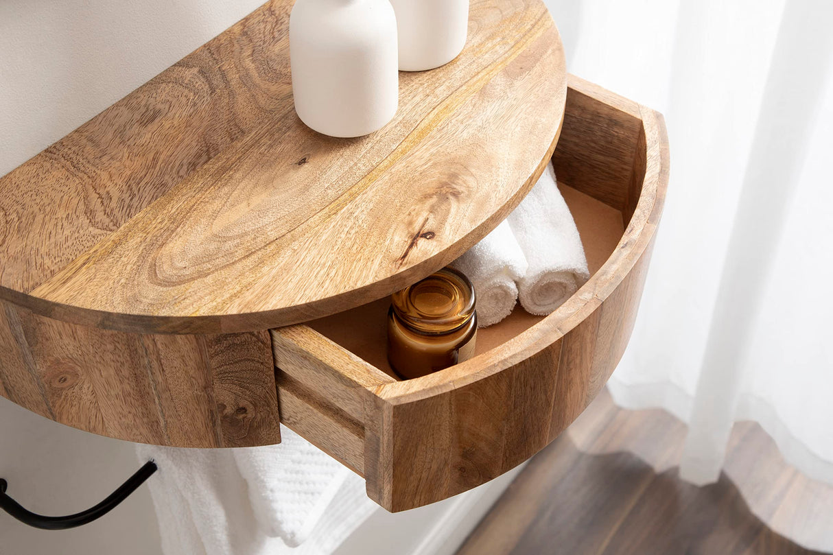 Kate and Laurel Reid Modern Wooden Floating Side Table, 20 x 11 x 6, Natural Brown, Contemporary Wood Floating Nightstand with Drawer for Extra Storage and Added Functionality Kate and Laurel