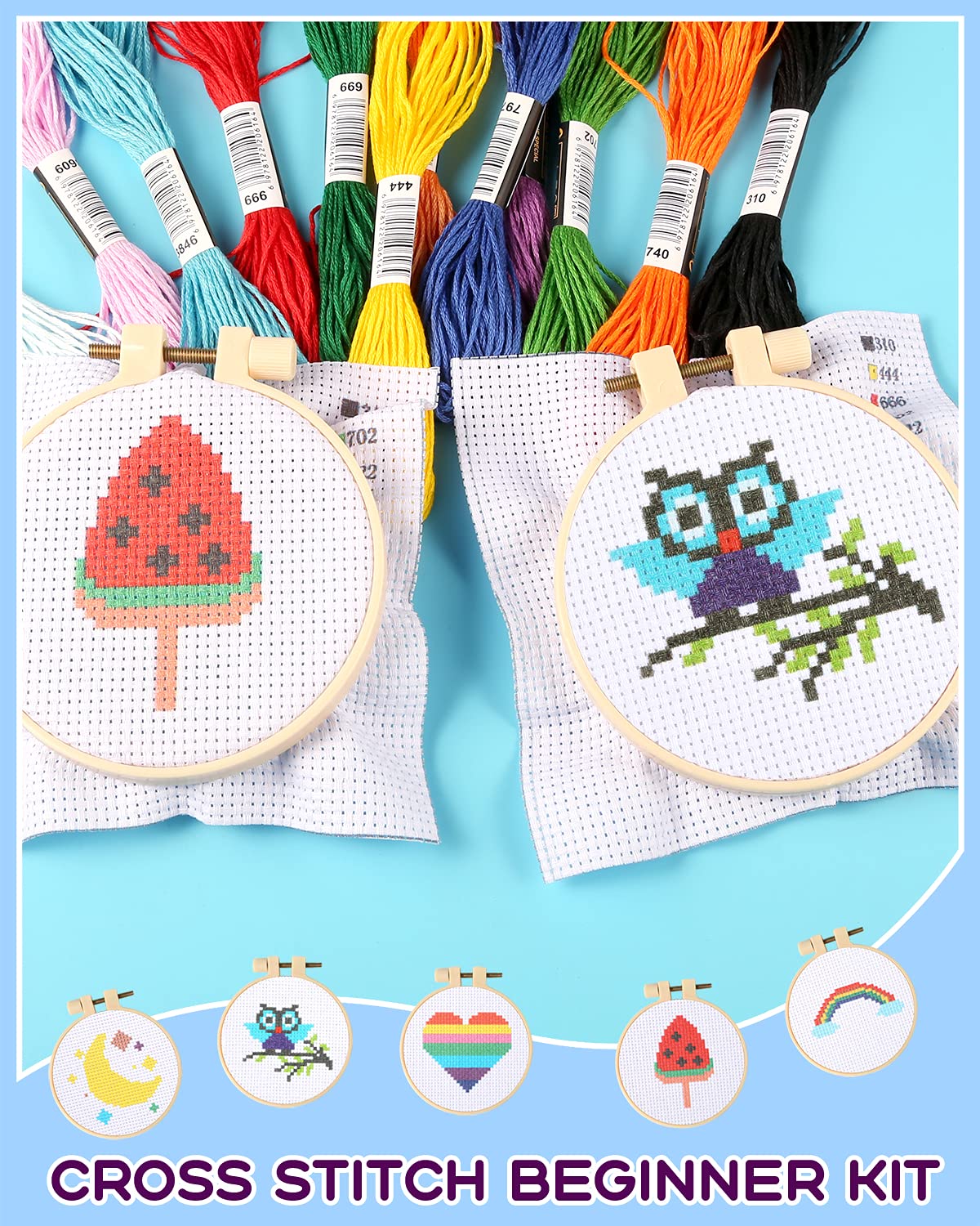 Pllieay Cross Stitch Beginner Kit for Kids 7-13, Includes 6pcs Project Cross Stitch Pattern and 2pcs Hoops, 12 Skeins, Needle Point Starter Kit Sewing Set with Instructions for Christmas Gift Pllieay