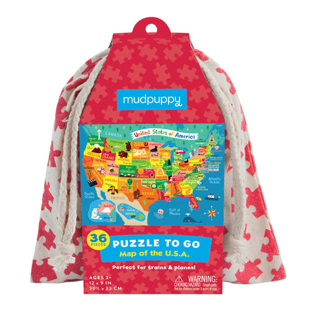 Mudpuppy Map of The U.S.A. to Go Puzzle, 36 Pieces, Ages 3+, Convenient Travel-Friendly Bag, Made with Safe, Non-Toxic Materials Mudpuppy