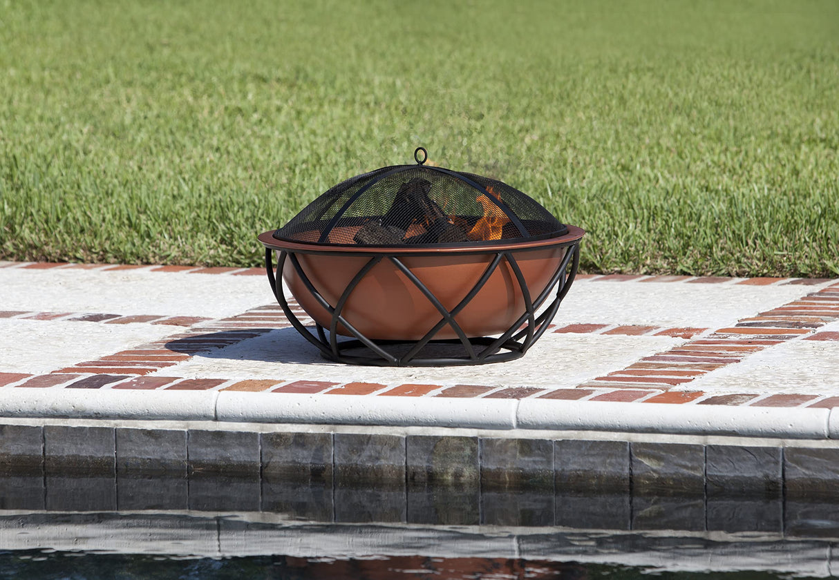 Fire Sense 62241 Fire Pit Barzelonia Copper-Look Wood Burning Lightweight Portable Outdoor Firepit Backyard Fireplace Camping Bonfire Included Screen Lift Tool & Cooking Grate - Round - 26" Fire Sense