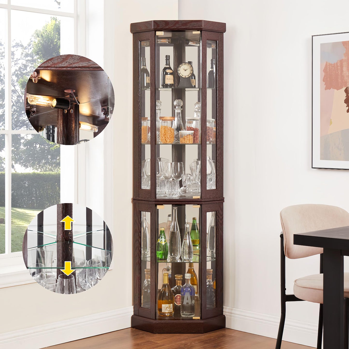 Lighted Corner Display Curio Cabinet Wooden Shelving Unit with Tempered Glass Door, Bar and Liquor Storage Area with 4 Shelves, Wine Cabinet