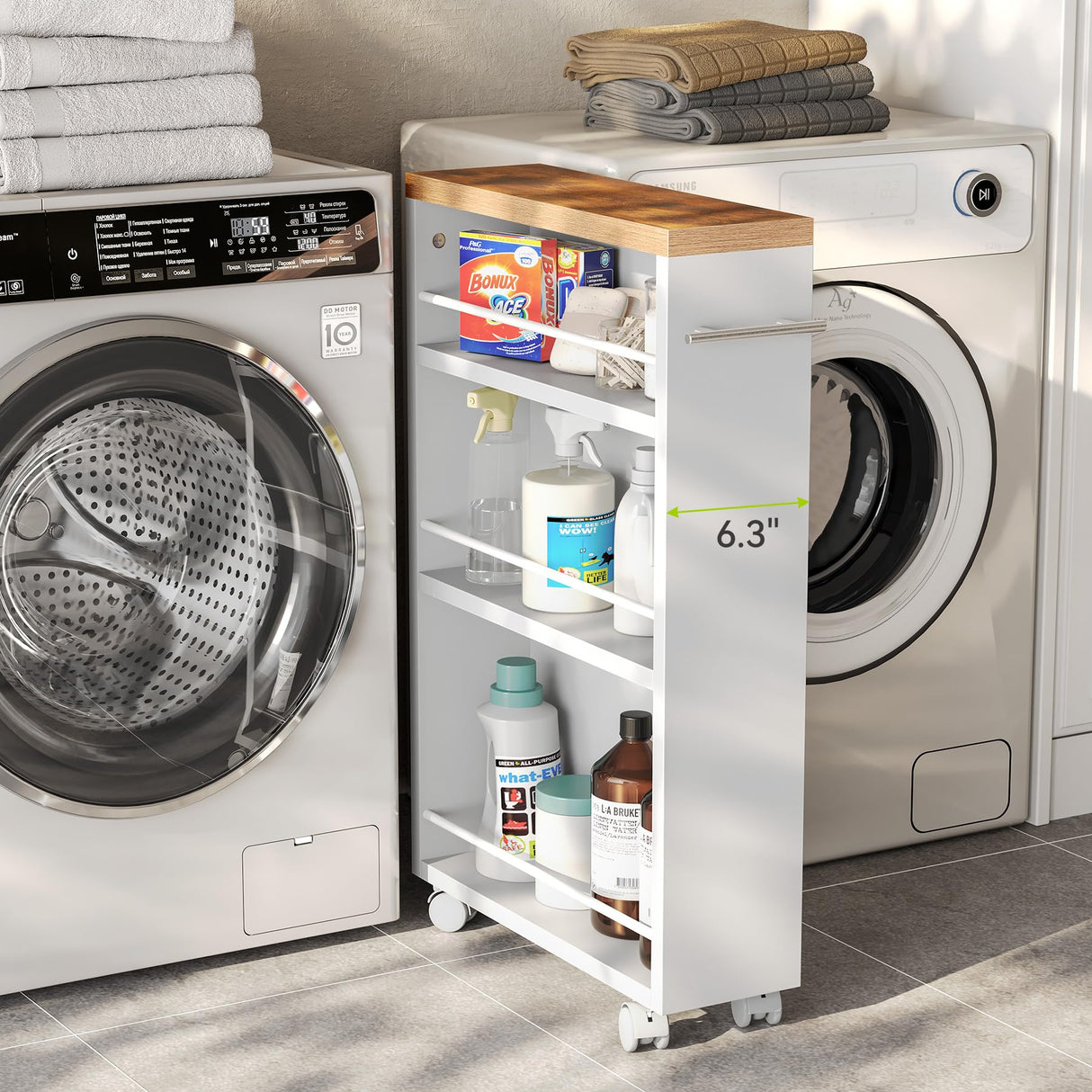 LITTLE TREE 4 Tier Rolling Cart with Wheels, 6.3 Inch Slim Storage Cart, Wooden Snack Cart with Narrow Shelf, White Laundry Room and Bathroom Organizer Shelves LITTLE TREE